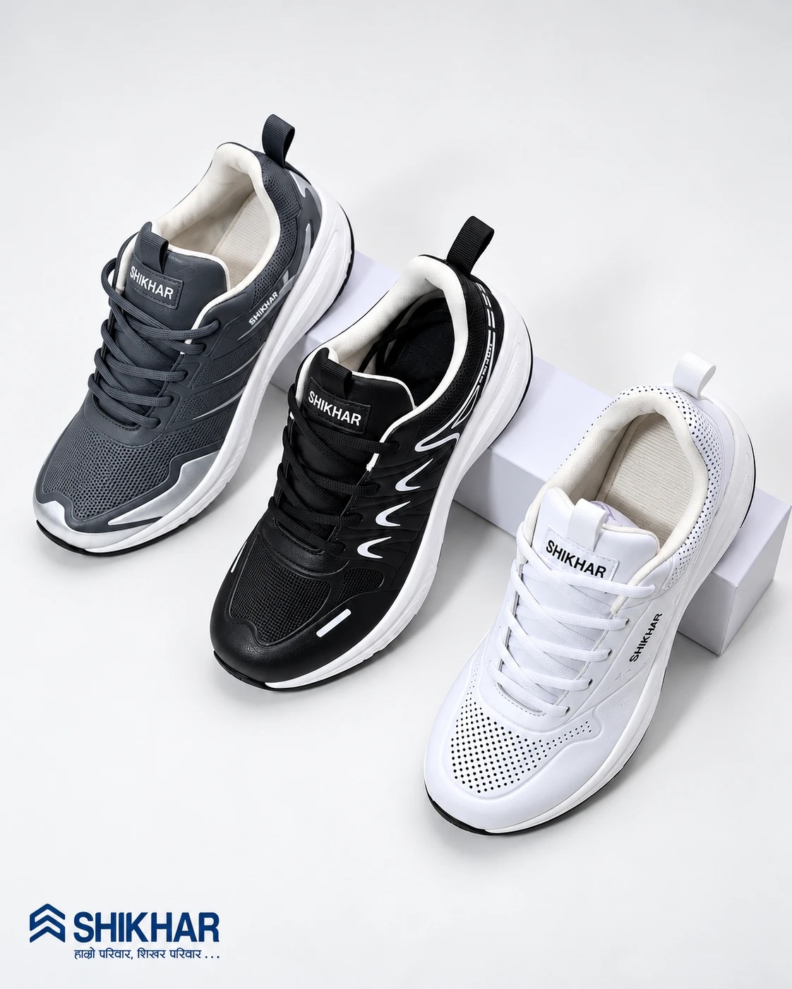 Three Shikhar sneakers in grey, black and white