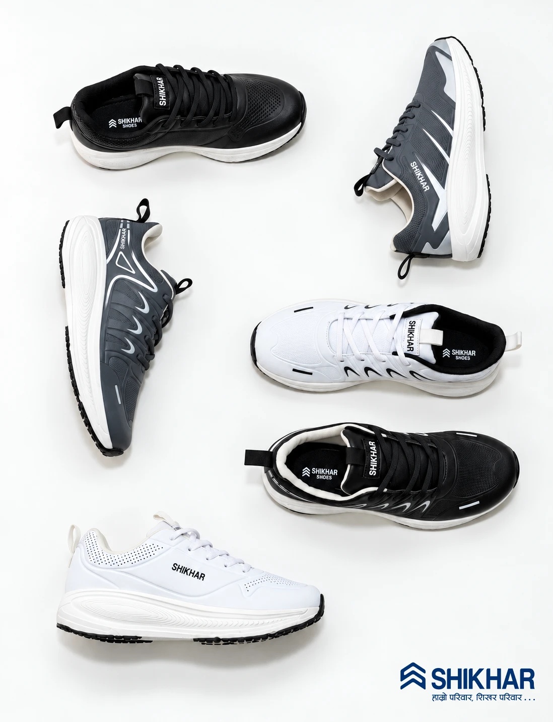 The new Shikhar range from above, in black, grey and white